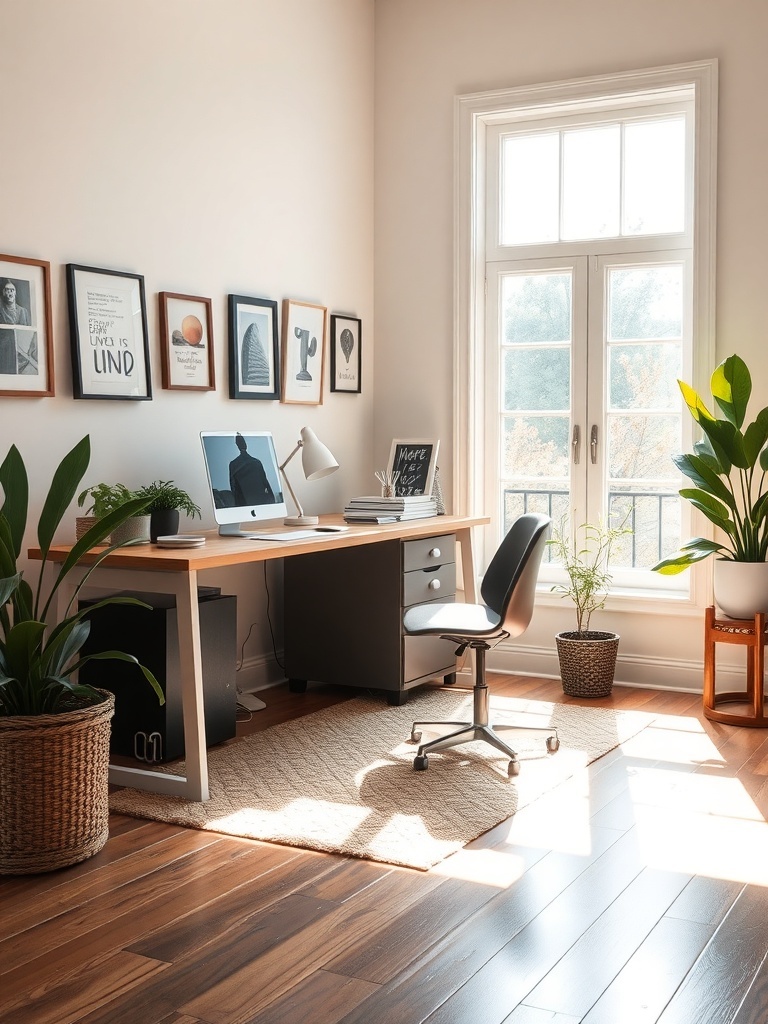 19 Inspiring Small Home Office Ideas 24 Bright home office with a desk by the window, plants, and artwork on the walls