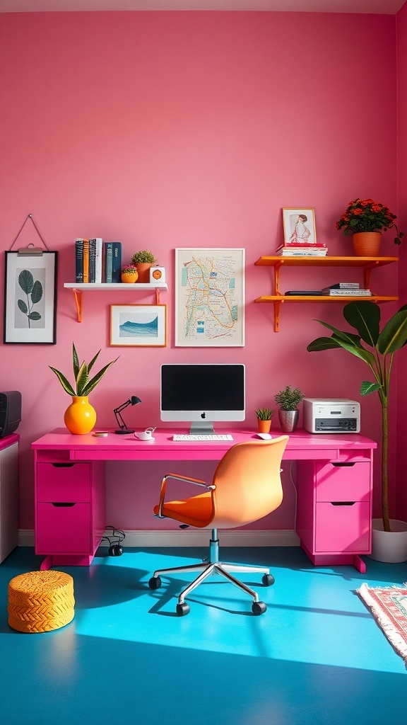 15 Home Office Inspiration to Transform Your Workspace 7 A modern home office with pink walls, a pink desk, an orange chair, and blue flooring, featuring plants and colorful decor.