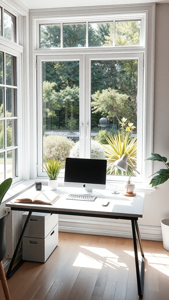 19 Inspiring Home Office Desk Ideas to Elevate Your Workspace 32 A bright and airy home office workspace with a modern desk, computer, and plants near large windows.