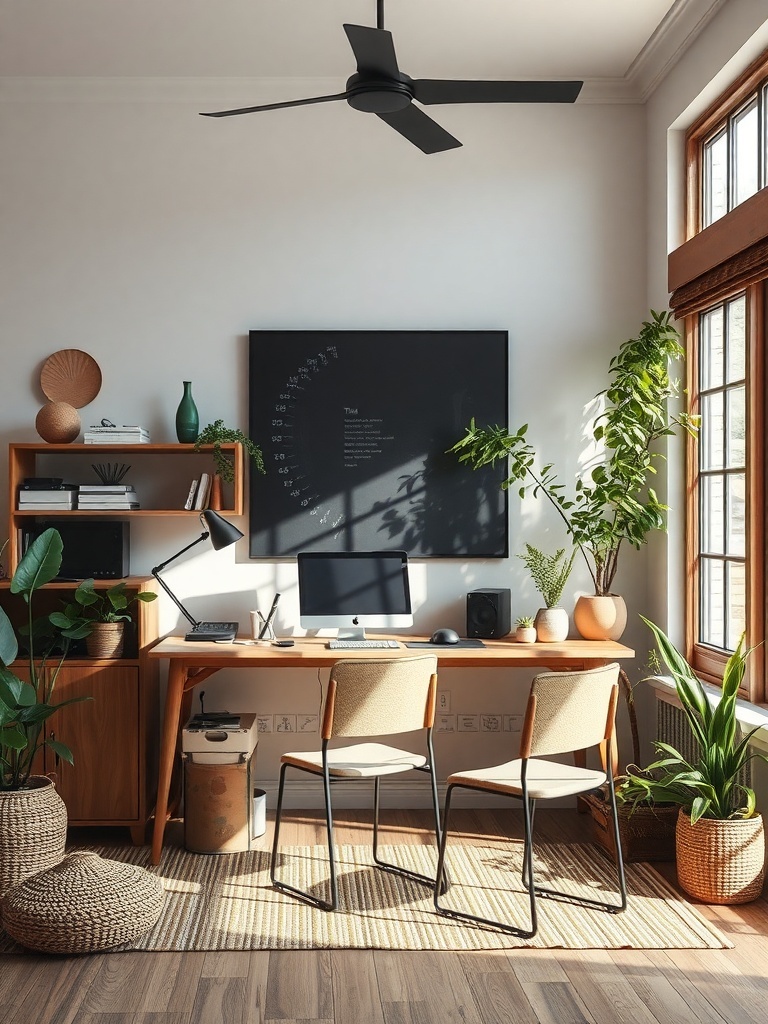 A stylish home office with wooden furniture, plants, and natural light.
