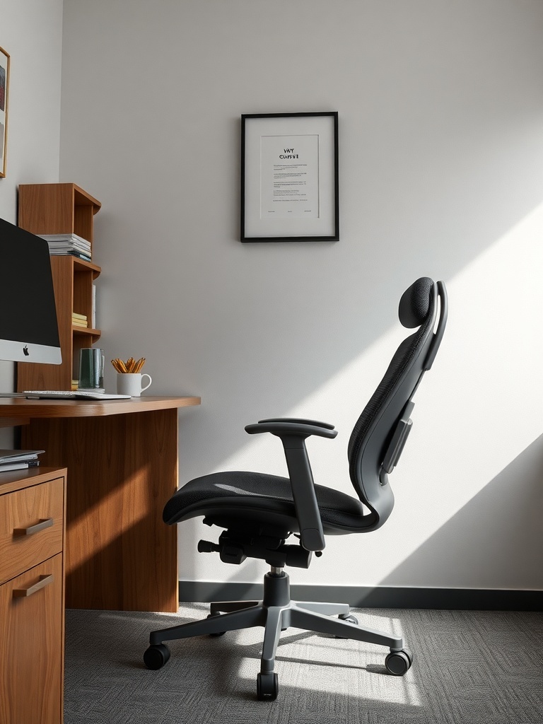 19 Inspiring Small Home Office Ideas 34 A comfortable ergonomic chair next to a wooden desk in a small home office setting.
