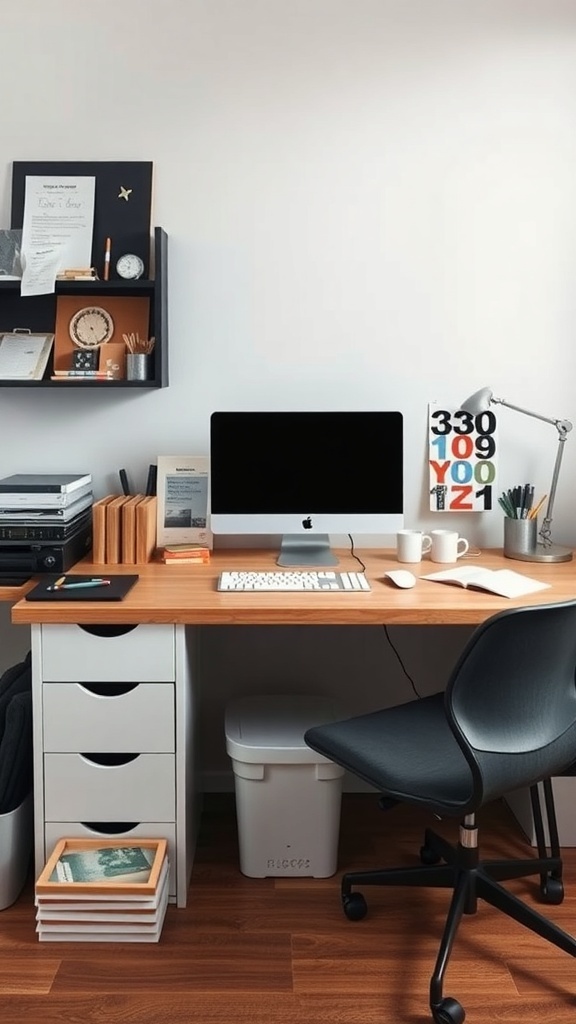 A clean and organized workspace featuring a wooden desk, computer, and storage.