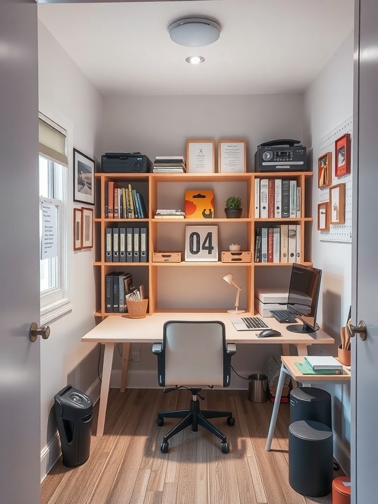 19 Inspiring Small Home Office Ideas 30 A small home office with a desk, computer, and organized shelving.