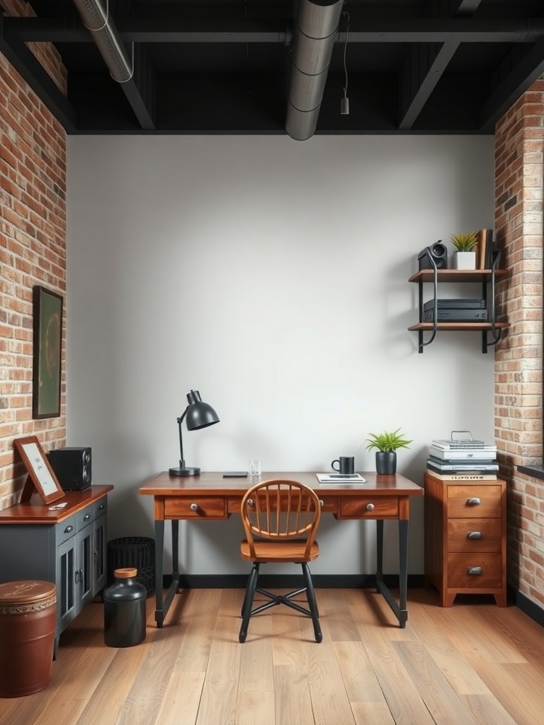 A stylish industrial chic study area featuring exposed brick walls, a wooden desk, and a comfortable chair.
