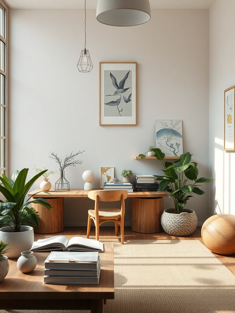 15 Inspiring Home Study Room Designs You'll Fall In Love With 4 A serene study room featuring natural elements, wooden furniture, and plants.