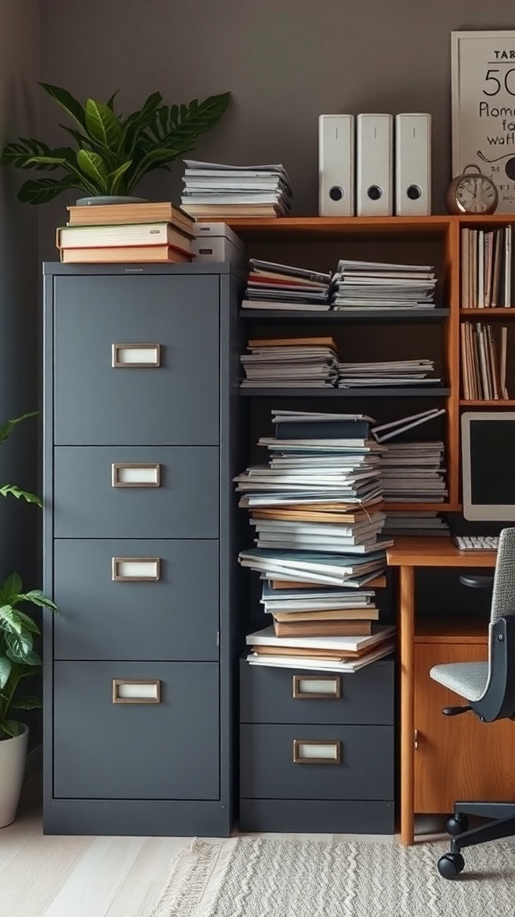 An organized filing system with a dark filing cabinet, shelves with stacked papers, and a plant.