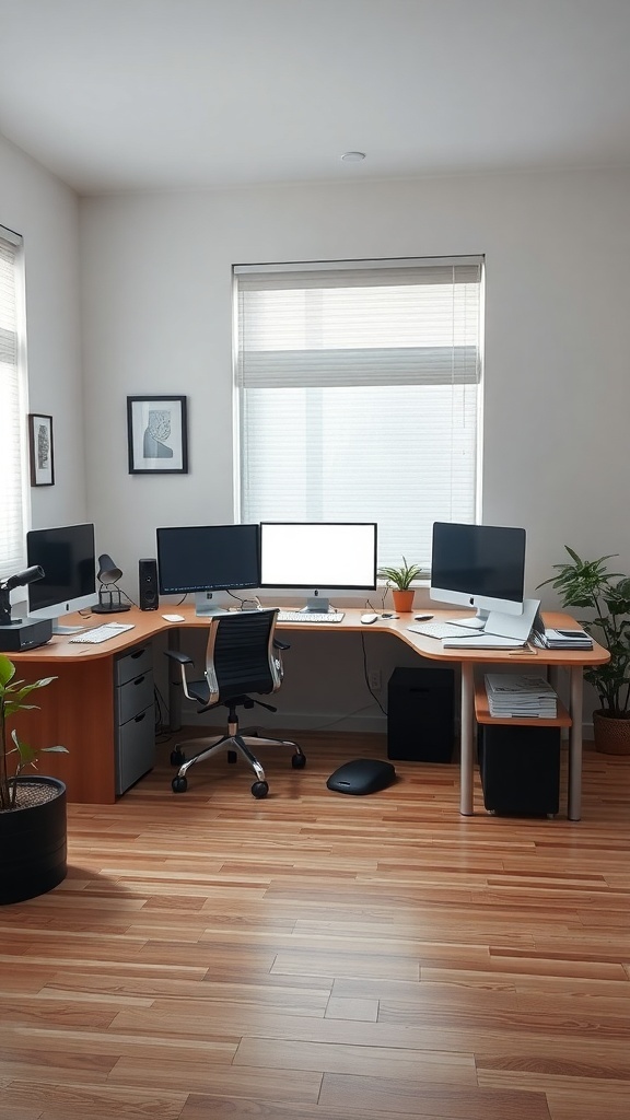 19 Inspiring Home Office Desk Ideas to Elevate Your Workspace 21 A modern L-shaped home office desk setup with two computer monitors, plants, and a wooden floor.