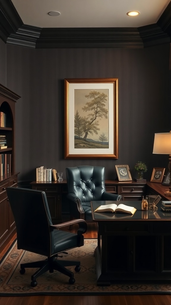 15 Inspiring Home Offices You'll Absolutely Adore 2 A traditional study with dark walls, wooden furniture, and leather chairs, featuring a desk and artwork.