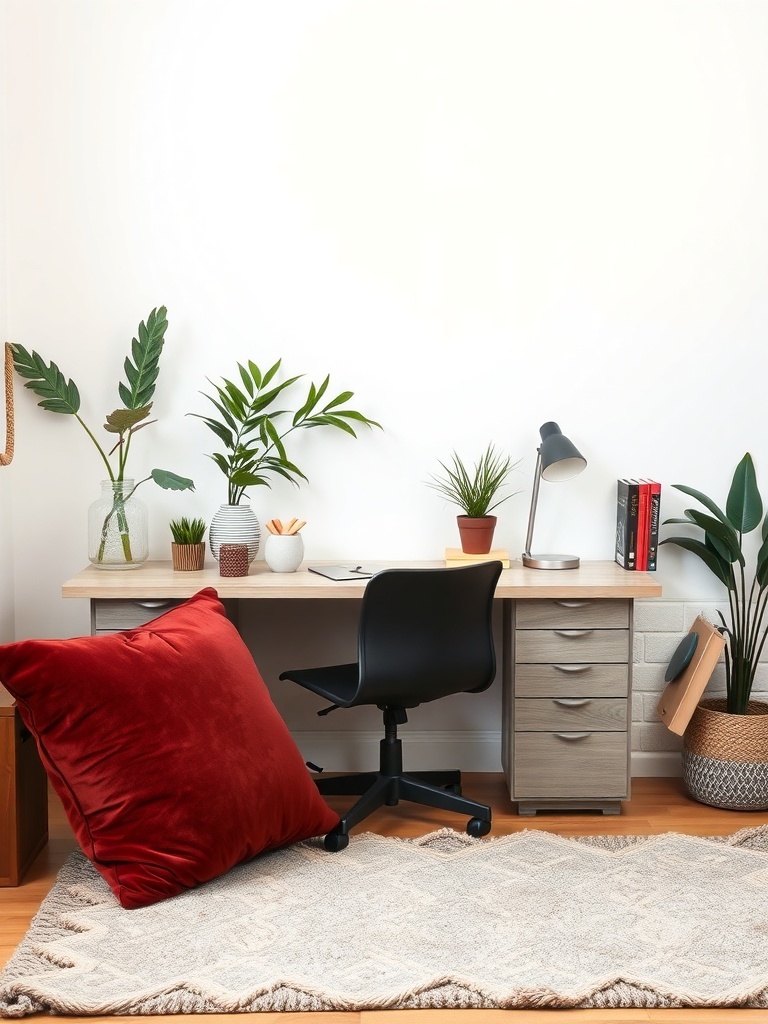 20 Classy Feminine Home Office Ideas for a Stylish Workspace 34 A cozy home office featuring a desk, chair, red pillow, plants, and a textured rug.