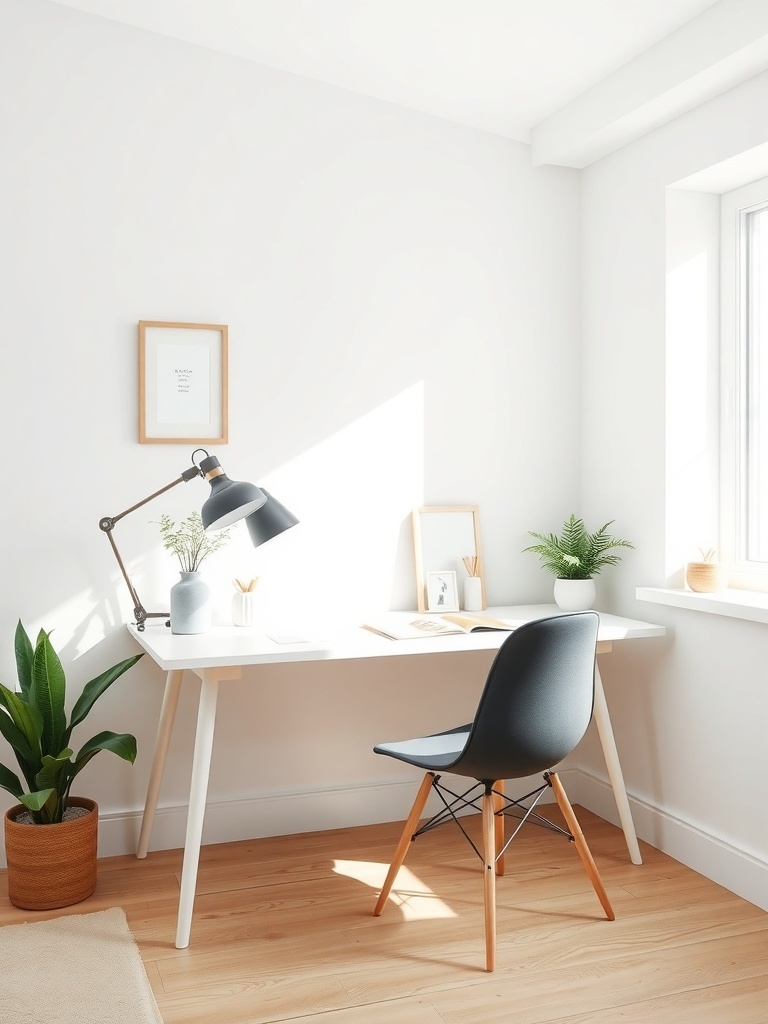 15 Inspiring Home Study Room Designs You'll Fall In Love With 8 A minimalist Scandinavian study space featuring a white desk, black chair, and natural light.