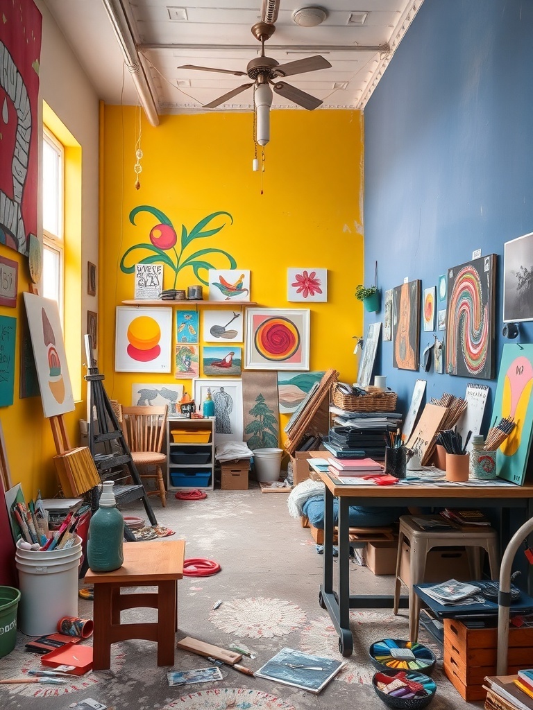 15 Inspiring Home Study Room Designs You'll Fall In Love With 3 A colorful artist studio featuring yellow walls, various artworks, and scattered art supplies.