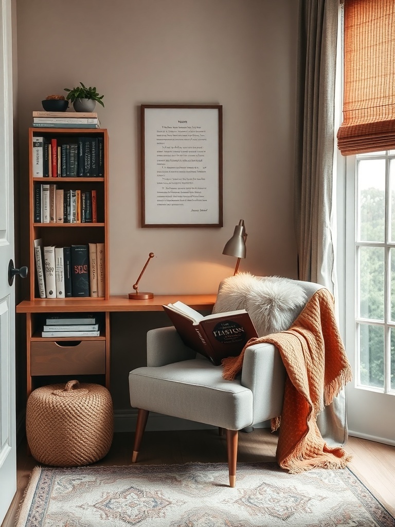 20 Classy Feminine Home Office Ideas for a Stylish Workspace 28 A cozy reading nook featuring a soft chair, a side table with a lamp, a bookshelf filled with books, and a warm blanket.