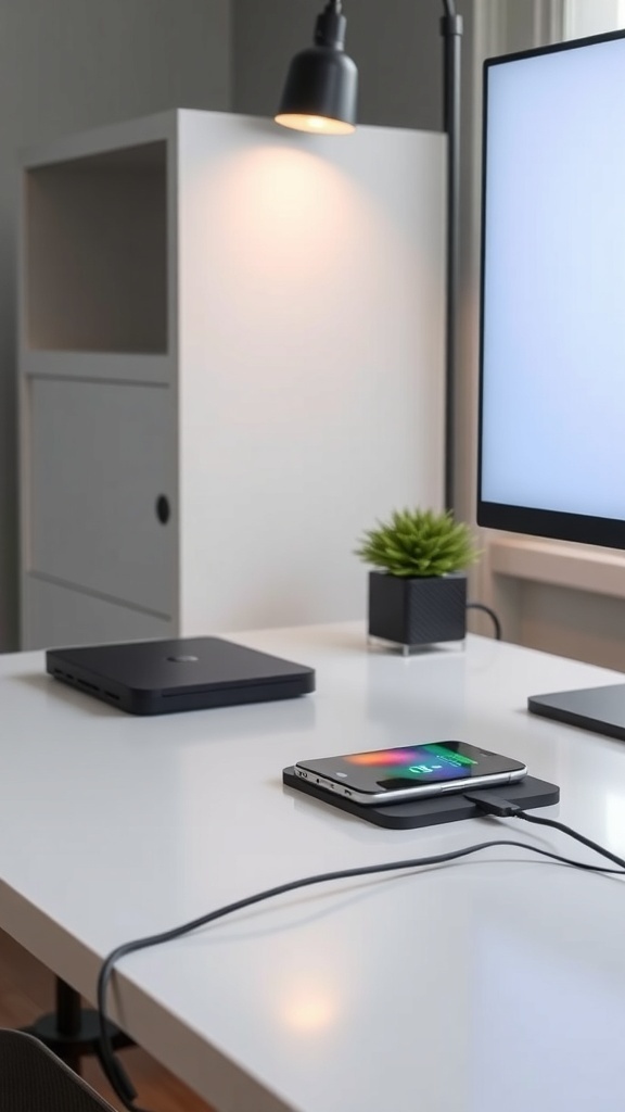 19 Inspiring Home Office Desk Ideas to Elevate Your Workspace 30 A modern tech-savvy desk featuring a laptop, smartphone on a wireless charger, a lamp, and a small plant.