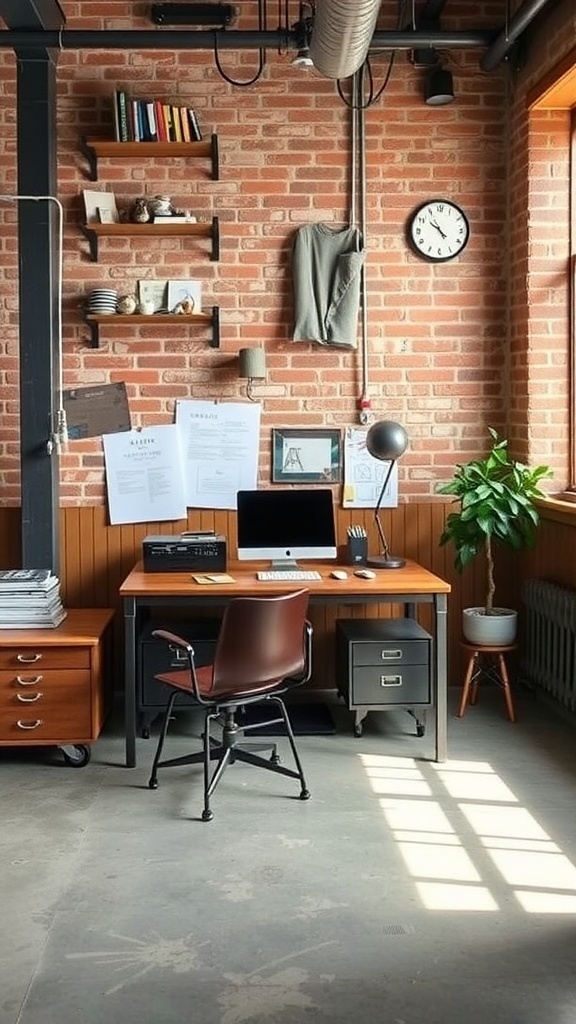 An industrial chic workspace featuring a wooden desk, a computer, a comfortable chair, and exposed brick walls.
