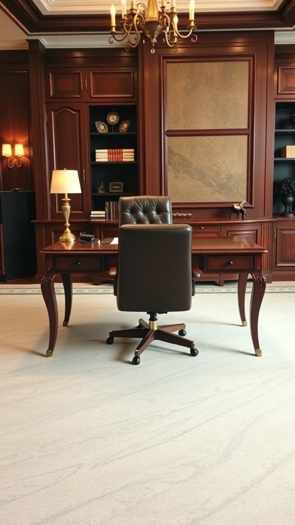 19 Inspiring Home Office Desk Ideas to Elevate Your Workspace 33 An elegant executive desk with a leather chair, warm wood finish, and stylish lamp in a sophisticated office setting.