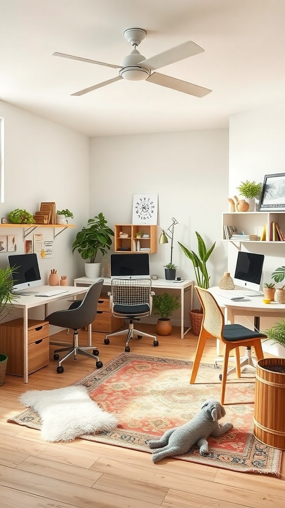 21 Inspiring Home Office Setup Ideas that You'll Love 14 A bright and functional family office with two desks, plants, and a cozy rug.