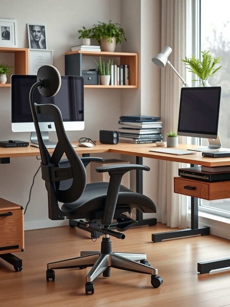 A modern home office with ergonomic furniture, featuring a stylish chair, two monitors, and plants.