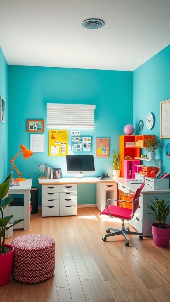 15 Inspiring Home Offices You'll Absolutely Adore 4 A bright and colorful home office with turquoise walls, white furniture, and vibrant decor.