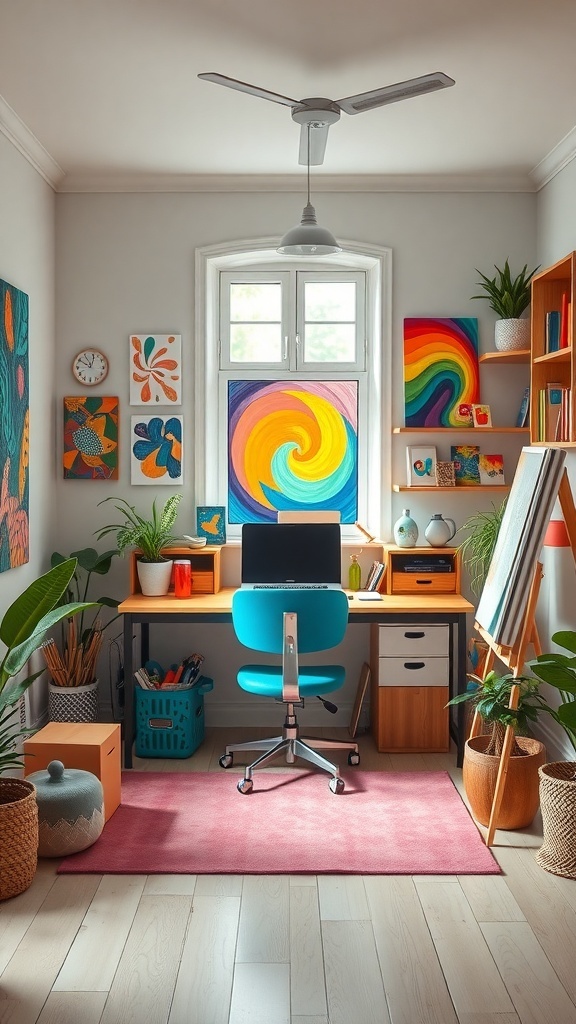 15 Inspiring Home Offices You'll Absolutely Adore 1 A colorful artistic studio featuring a desk with a computer, vibrant wall art, plants, and a cozy rug.