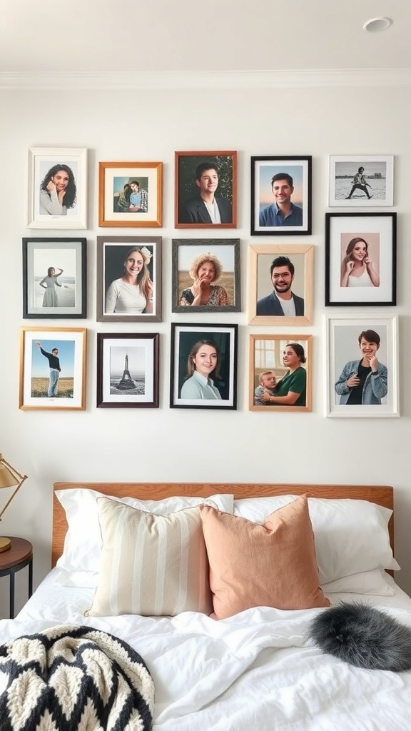 15 Cute Bedroom Ideas to Elevate Your Space 18 A gallery wall featuring various framed personal photos above a bed with decorative pillows.