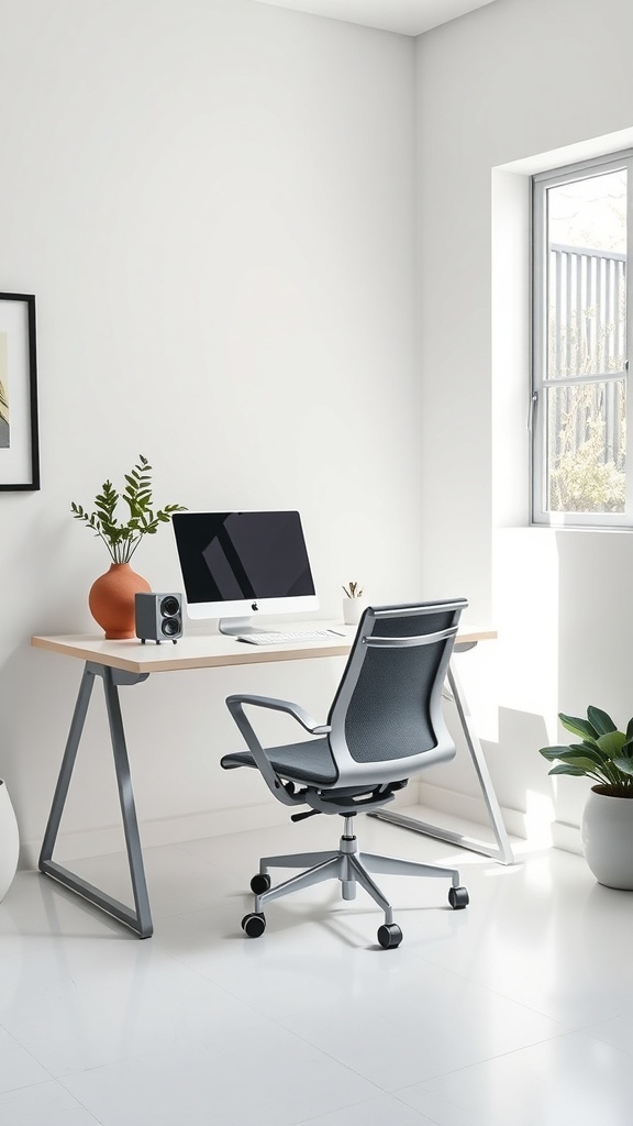 12 Inspiring Home Office Layout Ideas for Ultimate Productivity 19 A minimalist home office featuring a light wood desk, a computer, a comfortable chair, and plants.