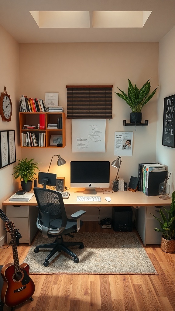 11 Essential Tips for Organizing Your Home Office for Maximum Productivity 8 A cozy and organized home office with a desk, computer, bookshelves, plants, and a guitar.