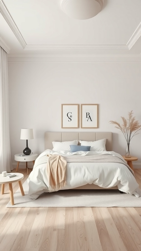 11 Chic Bedroom Ideas for Grown Women 19 A minimalist bedroom featuring a bed with white bedding, a light wood floor, and simple decor.