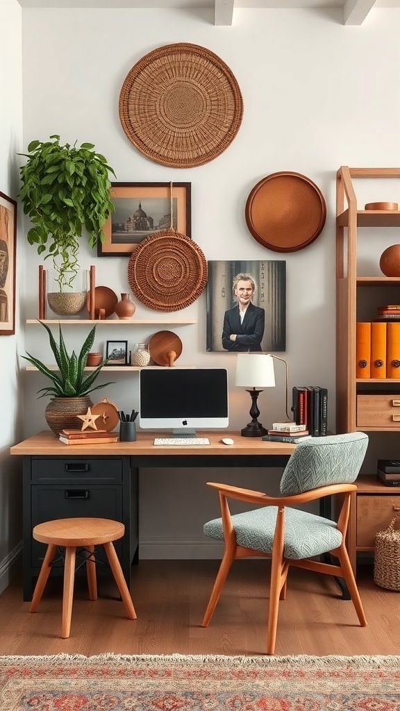 17 Inspiring Home Office Ideas for Men 30 A stylish home office featuring wooden furniture, woven baskets on the wall, and a plant on the desk.