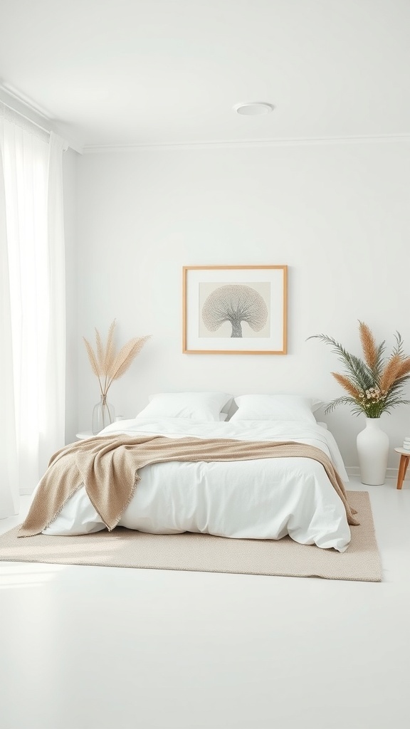 14 Stunning White Bedroom Ideas for a Dreamy Retreat 28 A serene white bedroom with a cozy bed, beige throw, and plants for a calming atmosphere.