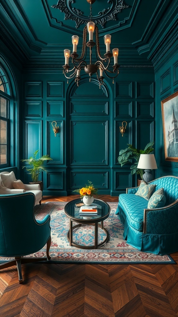 14 Inspiring Paint Colors for Your Home Office Makeover 13 A luxurious home office featuring deep teal walls, elegant furniture, and warm lighting.