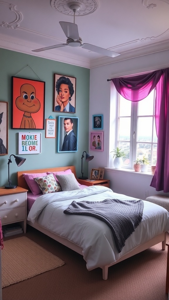 13 Stylish Bedroom Ideas to Transform Your Space 25 A cozy bedroom featuring colorful artwork on the walls, a neatly made bed with soft linens, and natural light streaming through the window.