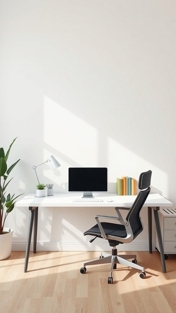 17 Inspiring Home Office Ideas for Men 20 A minimalist home office setup featuring a sleek desk, ergonomic chair, computer, and plants.