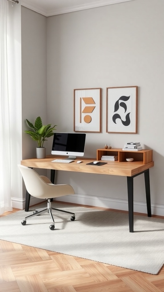9 Stylish Double Desks for Your Home Office Setup 9 A modern home office setup featuring a wooden desk, computer, and decorative elements.