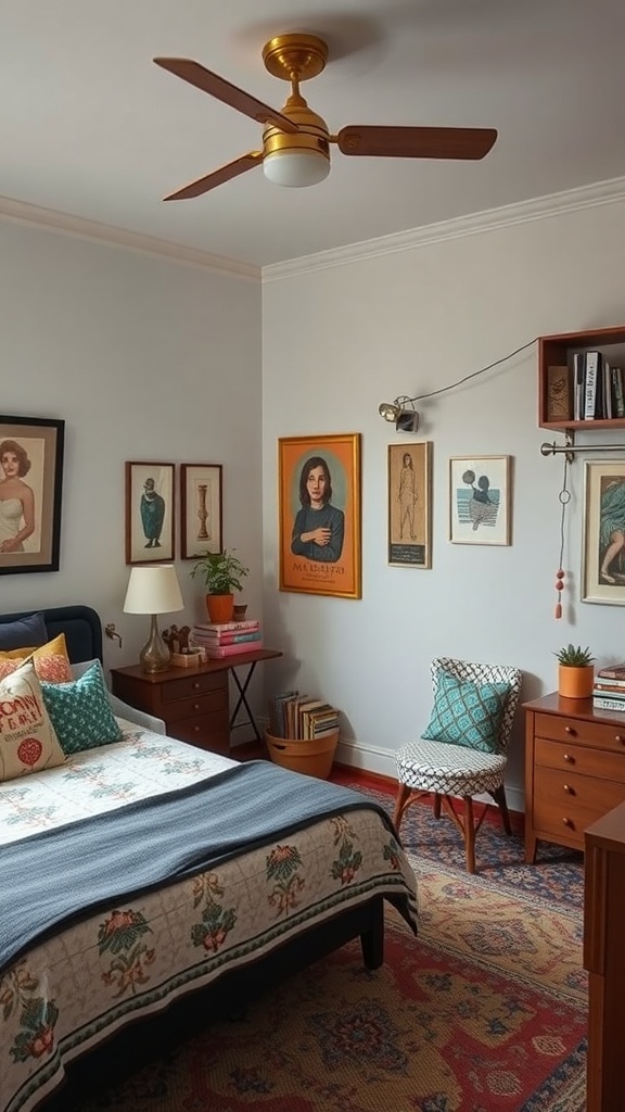 11 Stunning Bedroom Decor Ideas to Transform Your Space 21 A cozy bedroom featuring a mix of floral patterns, framed artwork, and eclectic furniture.