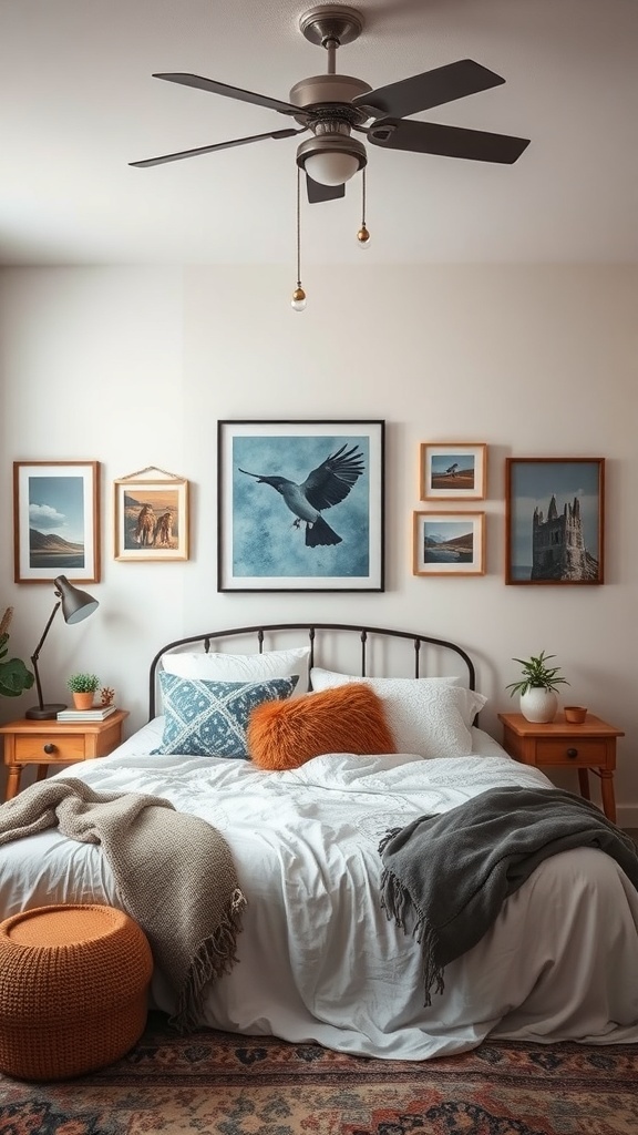 14 Cozy Bedroom Ideas to Transform Your Space 21 A cozy bedroom with artistic wall decor featuring framed pictures, a comfortable bed, and warm accessories.