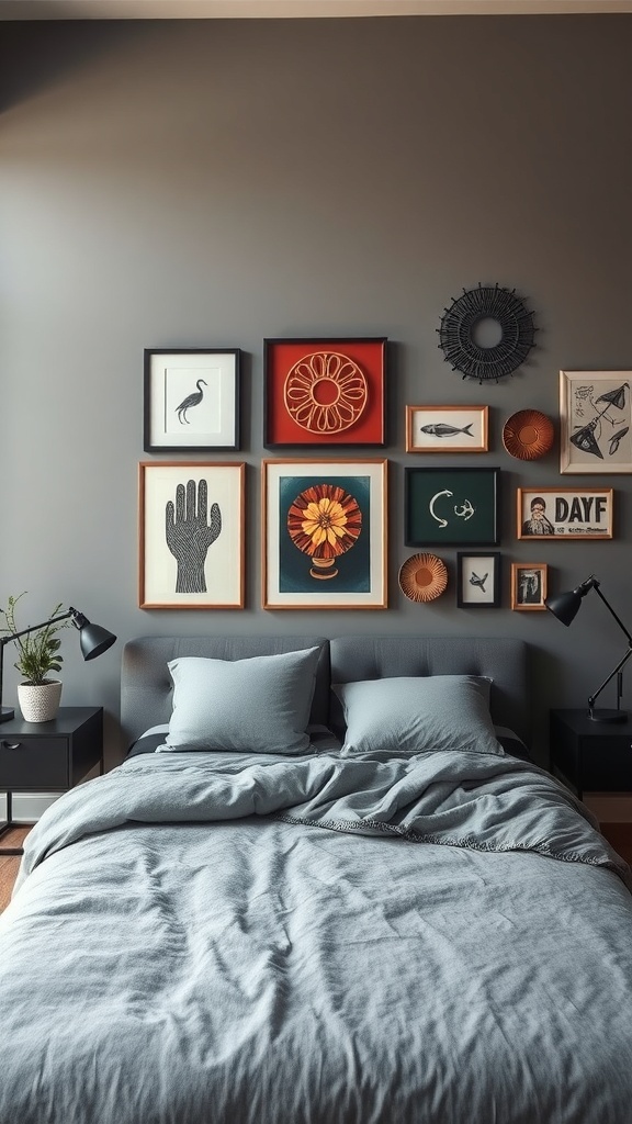 16 Stunning Grey Bedroom Ideas to Transform Your Space 28 A grey bedroom featuring a stylish statement wall with various framed artworks, complemented by a plant and a neatly made bed.