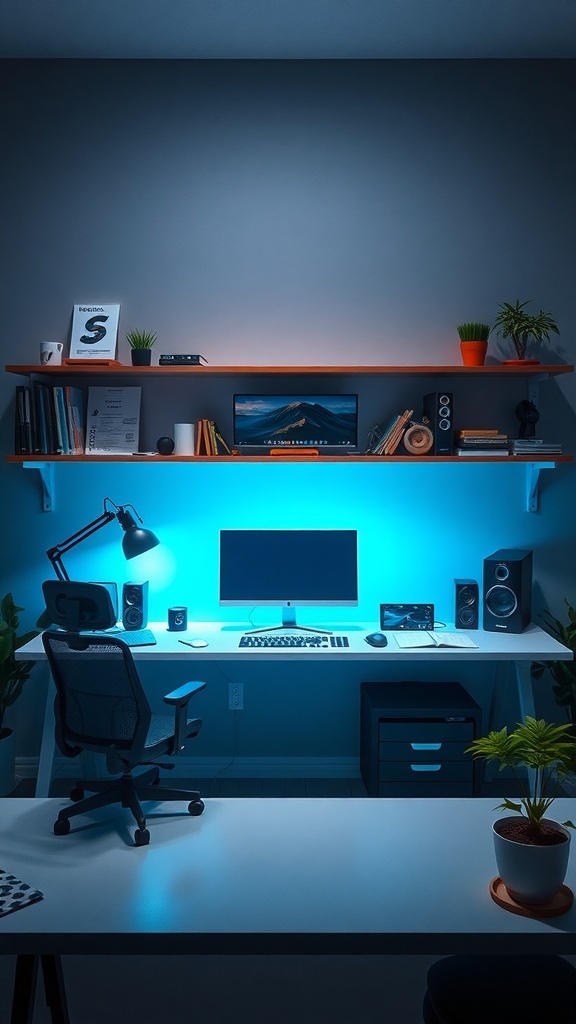 A modern desk setup featuring a computer, speakers, plants, and blue lighting.