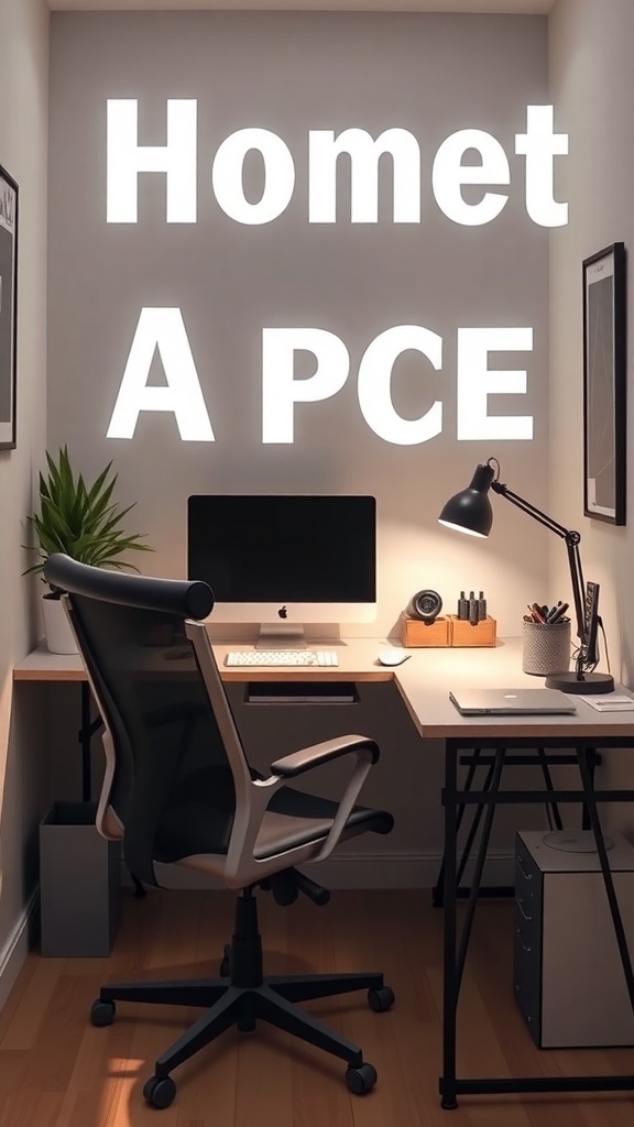 15 Creative Small Home Office Ideas for Maximum Productivity 14 A small home office setup with a desk, computer, and chair, featuring bold text on the wall.