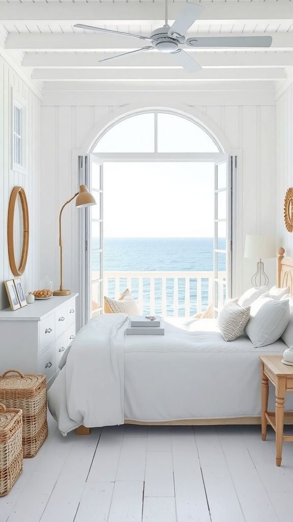 14 Stunning White Bedroom Ideas for a Dreamy Retreat 16 A bright coastal bedroom with white walls, wooden beams, and a view of the ocean through large windows.