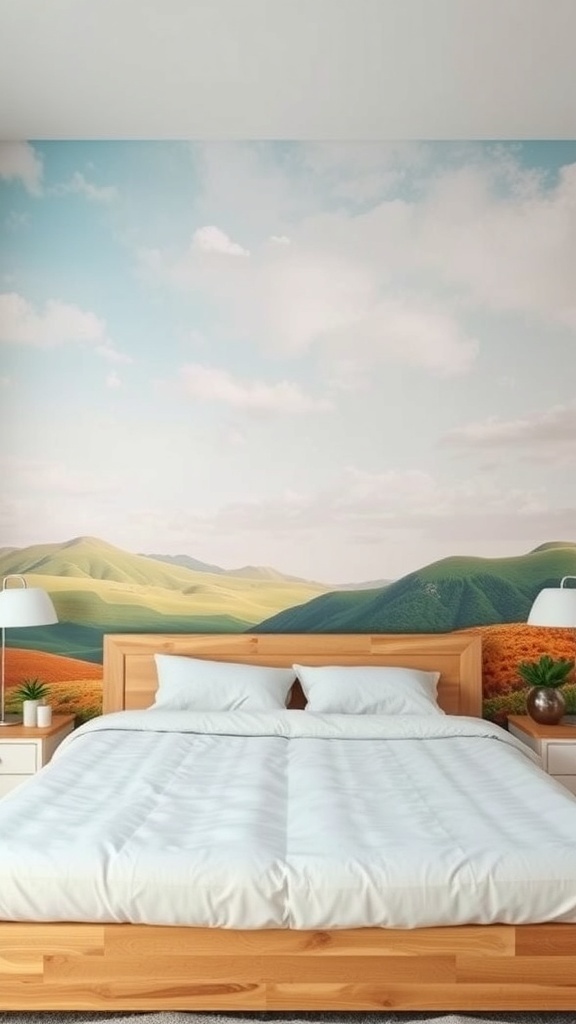 15 Cute Bedroom Ideas to Elevate Your Space 28 A bedroom featuring a wall mural of rolling green hills and a blue sky, with a wooden bed and bedside tables.