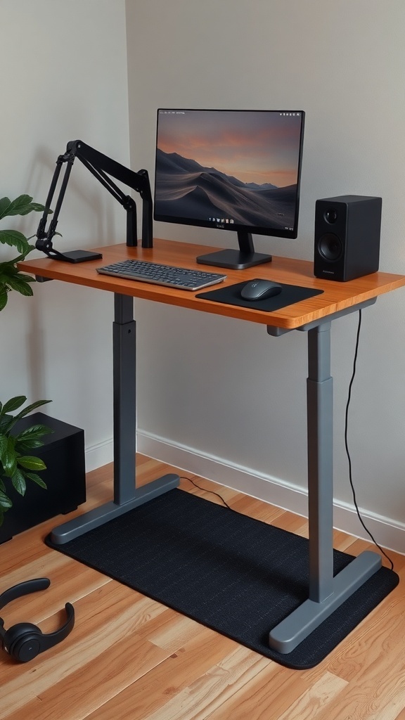 13 Must-Have Standing Desks for Your Home Office Setup 23 A modern standing desk setup with a monitor, keyboard, and speakers, featuring a plant and an anti-fatigue mat.