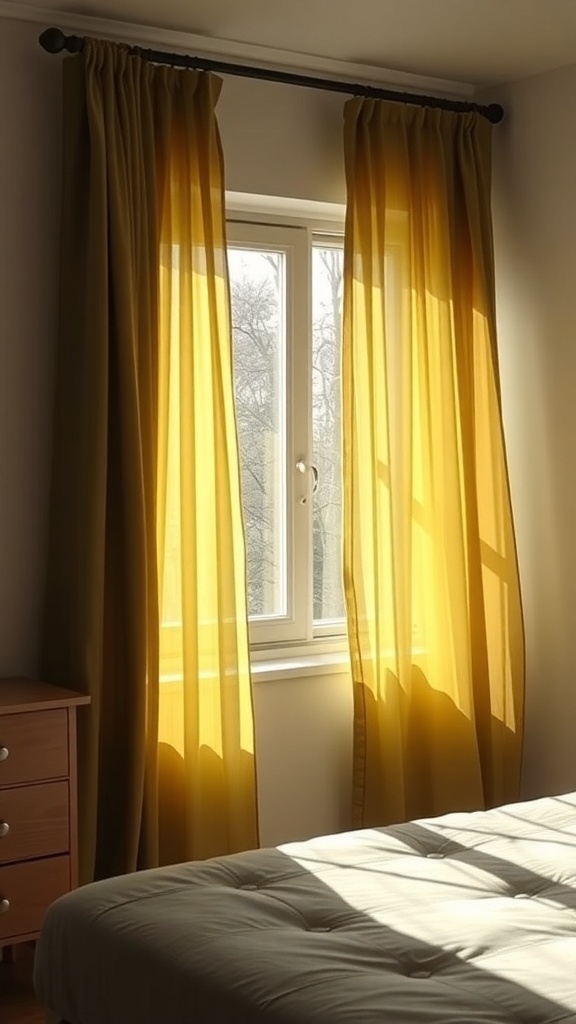 12 Inspiring Green Bedroom Ideas for a Refreshing Retreat 18 Olive green curtains hanging by a window, allowing sunlight to filter through.