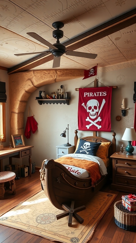 12 Creative Boys Bedroom Ideas for a Fun and Stylish Space 14 A pirate-themed bedroom featuring a ship-shaped bed, treasure maps on the walls, and pirate decor.