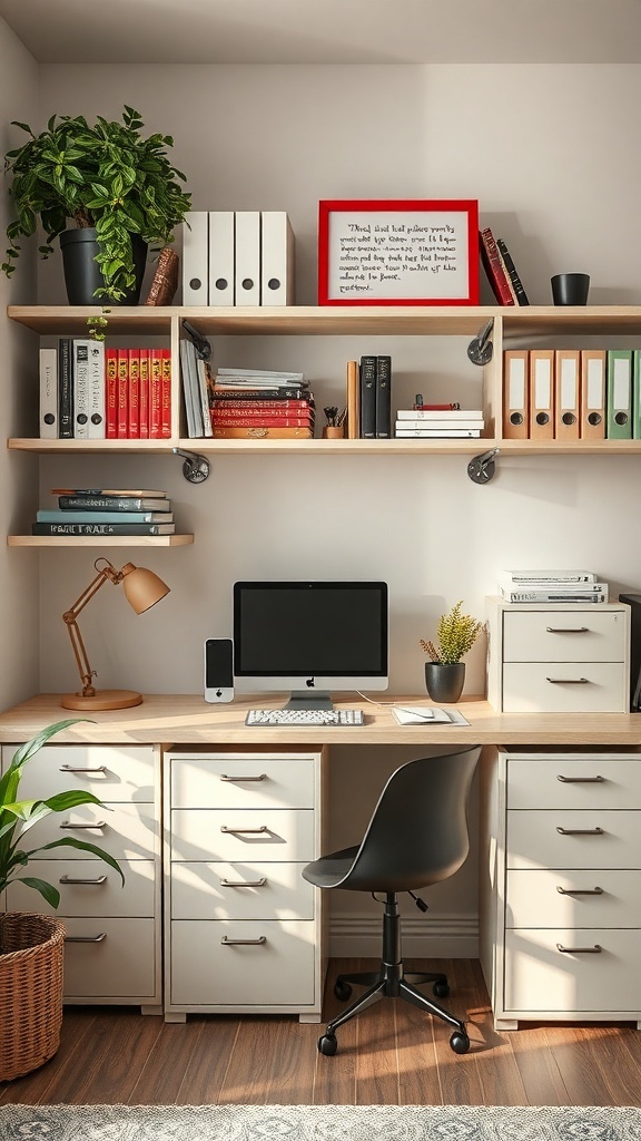 15 Must-Have Items for a Perfect Home Office Setup for Women 4 A well-organized home office setup featuring a desk with storage drawers, open shelves with books and plants, and a computer.