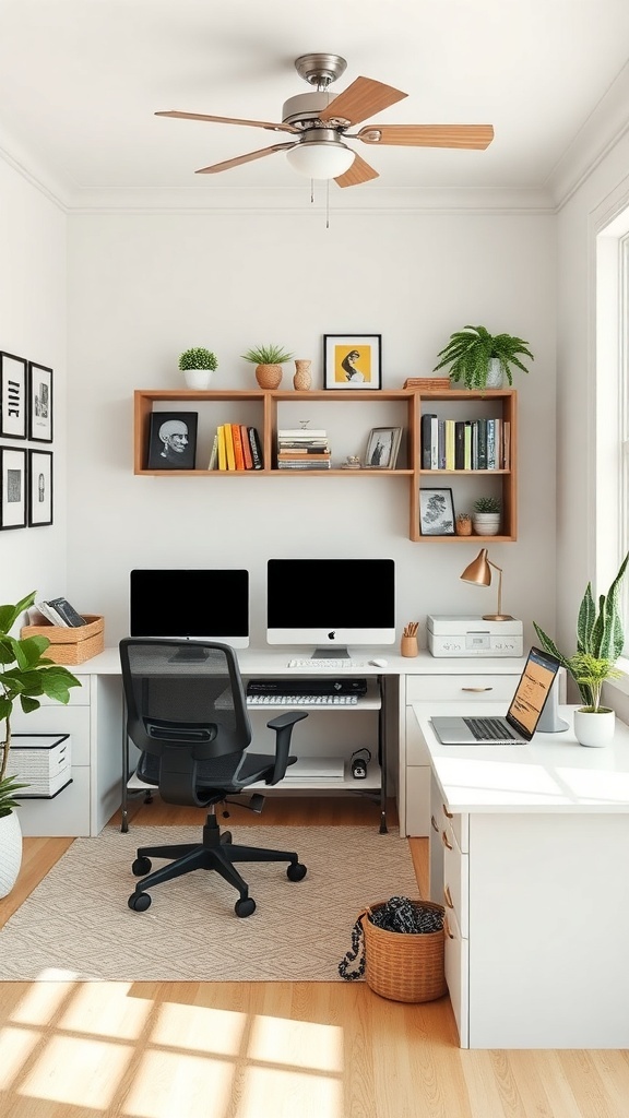 12 Inspiring Home Office Layout Ideas for Ultimate Productivity 22 A bright and functional family office layout with two computer setups, shelves, plants, and a ceiling fan.