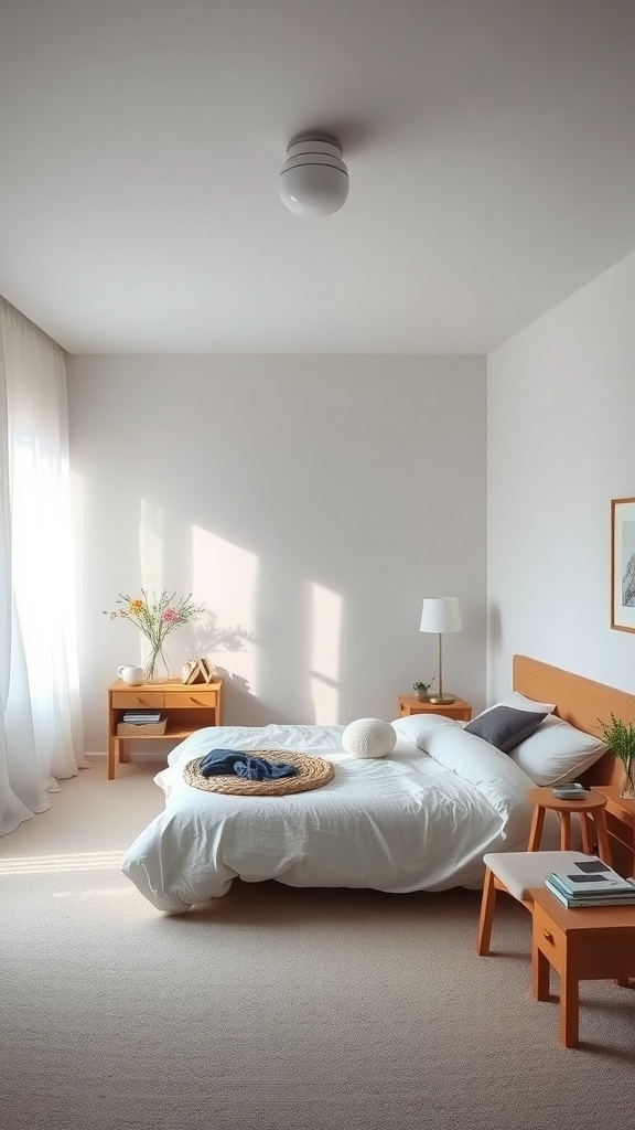 10 Minimal Bedroom Ideas for a Calm and Clutter-Free Space 6 A minimal bedroom with a bed, wooden furniture, and natural light.