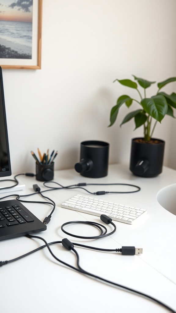 10 Essential Tips for Organizing Your Home Office 17 A cluttered home office desk with various cables, a keyboard, and a laptop, along with plants and stationery.
