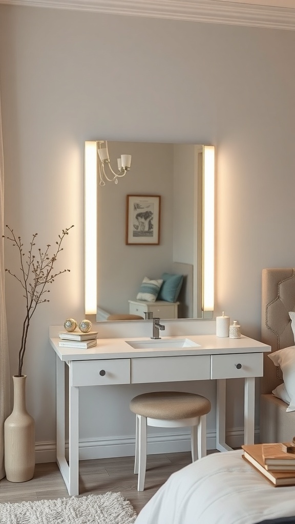 10 Chic Vanity Ideas to Elevate Your Bedroom Decor 16 A chic minimalist vanity design featuring a simple table, a large mirror with lighting, and subtle decor.