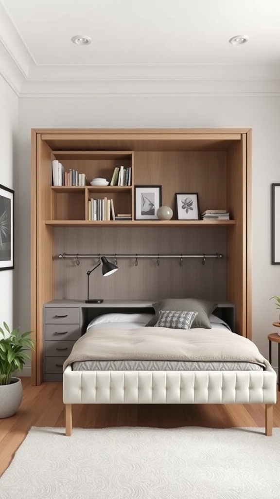 12 Stylish Home Offices Featuring Murphy Beds for Multi-Functional Spaces 16 A stylish home office featuring a Murphy bed integrated into wooden cabinetry with shelves and a lamp.