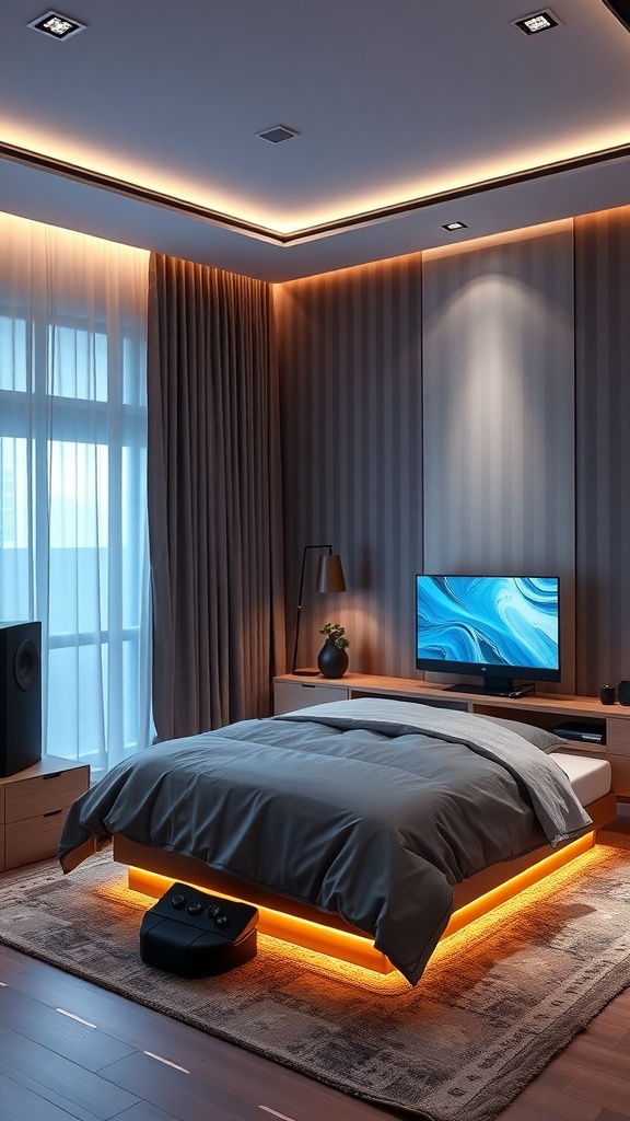 15 Inspiring Bedroom Ideas to Transform Your Space 26 A modern bedroom featuring a bed with illuminated base, wall-mounted TV, and minimalist decor.